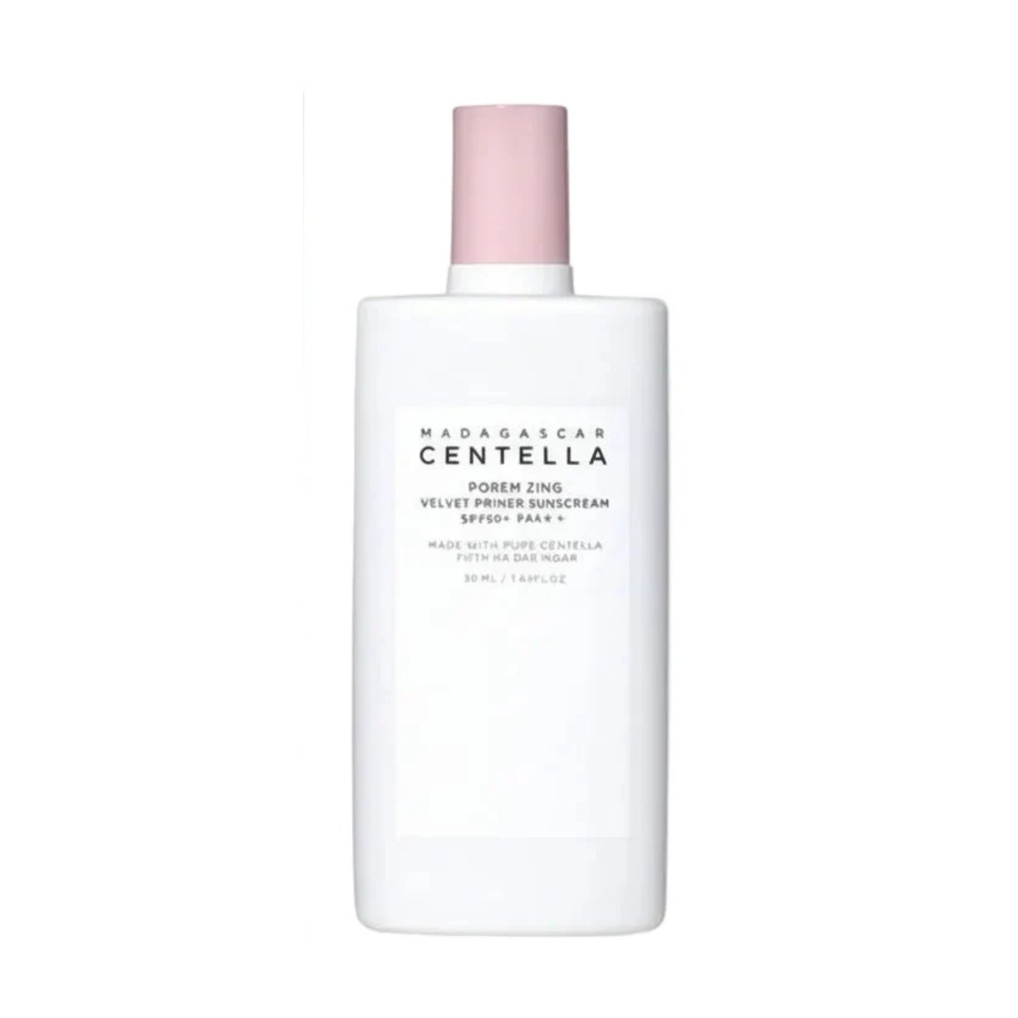 White bottle with pink cap labeled 'Madagascar Centella' on a white background