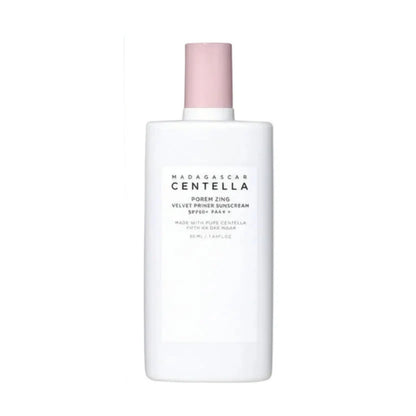 White bottle with pink cap labeled 'Madagascar Centella' on a white background