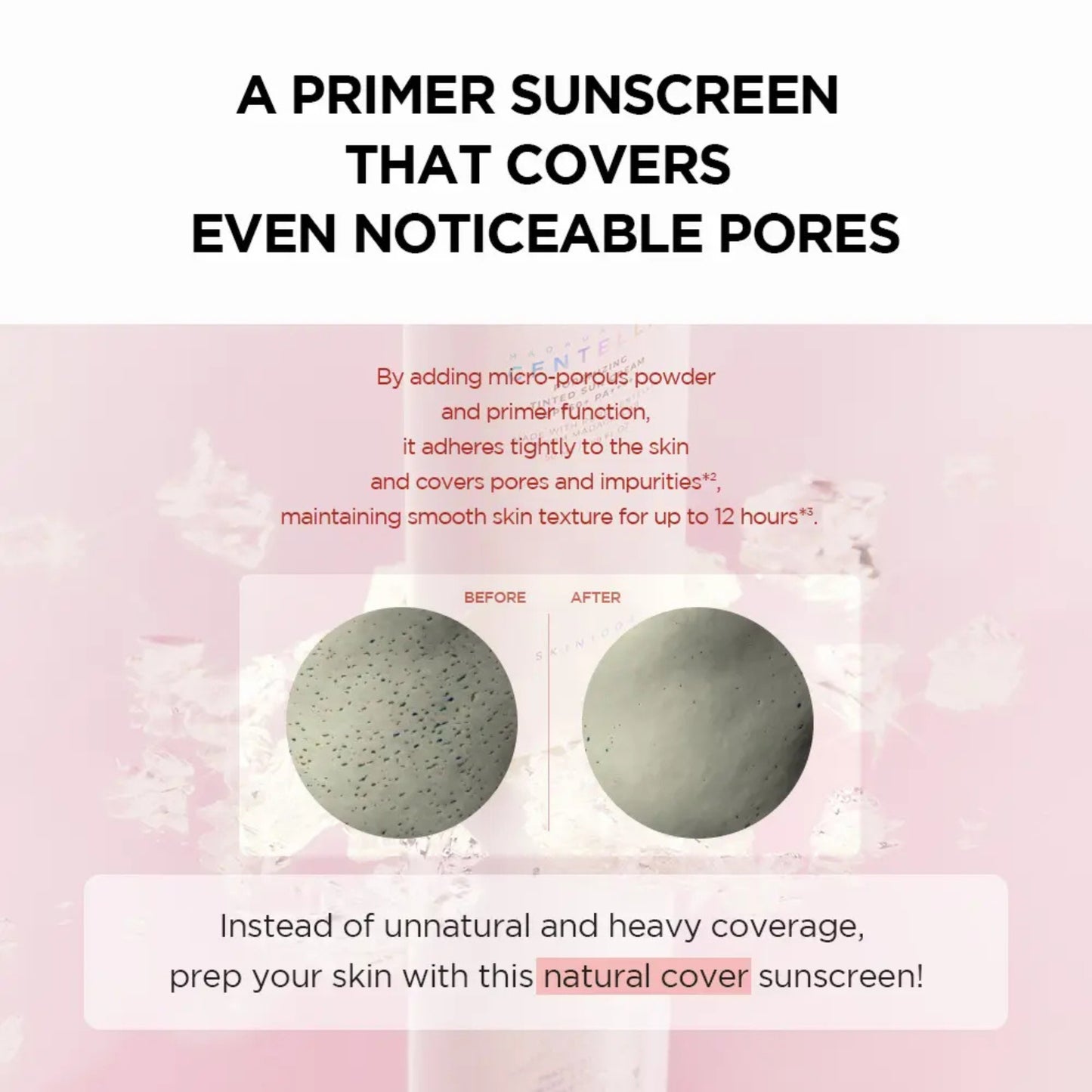 Advertisement for a primer sunscreen with before and after effects on skin texture.