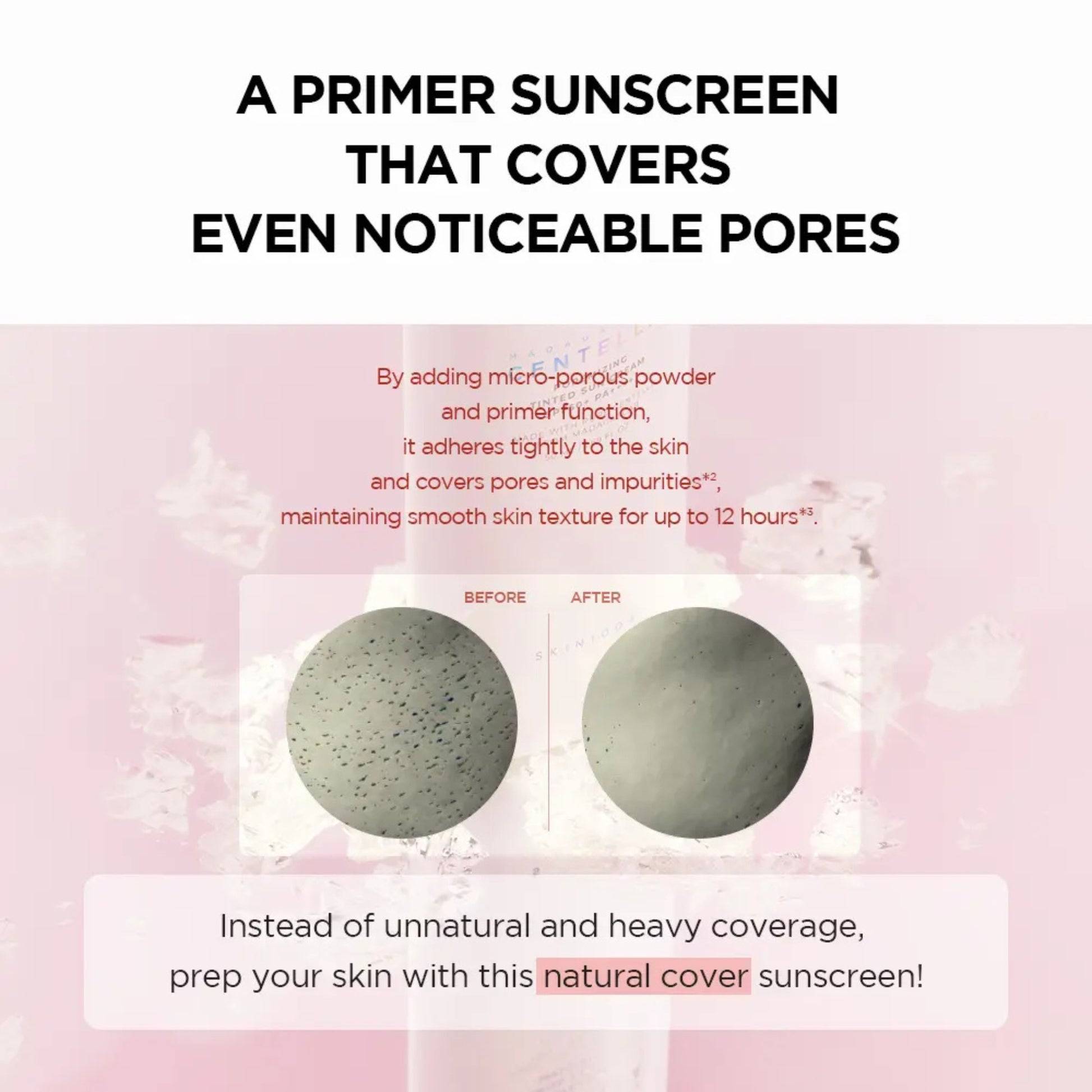 Advertisement for a primer sunscreen with before and after effects on skin texture.